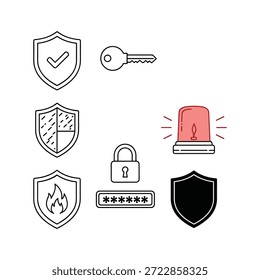 Los iconos de seguridad simples establecen la protección y la seguridad del estilo de línea