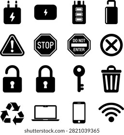 simple security safety technology and environmental symbols with clear outlines