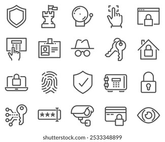 Conjunto de iconos de línea de Vector de seguridad simple. Contiene iconos como huellas dactilares, llave electrónica, espía, Contraseña, despertador y más. Trazo editable.