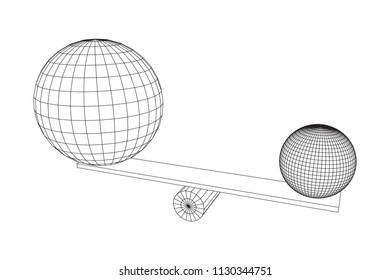 Simple seesaw scales weighing big and small abstract spheres. Balance, comparison and equality concept. . Wireframe low poly mesh vector illustration