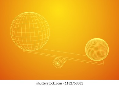 Simple Seesaw Scales Weighing Big And Small Abstract Spheres. Balance, Comparison And Equality Concept. . Wireframe Low Poly Mesh Vector Illustration