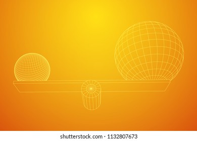 Simple seesaw scales weighing big and small abstract spheres. Balance, comparison and equality concept. . Wireframe low poly mesh vector illustration