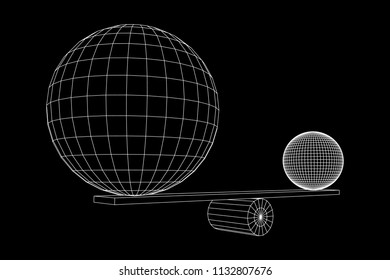 Simple seesaw scales weighing big and small abstract spheres. Balance, comparison and equality concept. . Wireframe low poly mesh vector illustration