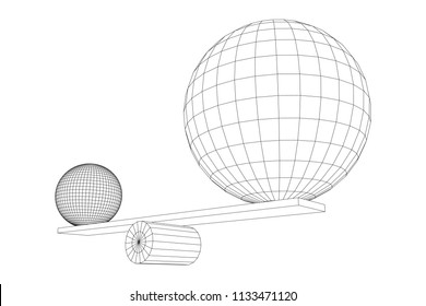 Simple seesaw scales weighing big and small abstract spheres. Balance, comparison and equality concept. . Wireframe low poly mesh vector illustration