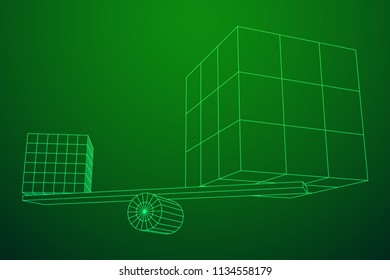 Simple seesaw scales weighing big and small abstract box. Balance, comparison and equality concept. . Wireframe low poly mesh vector illustration