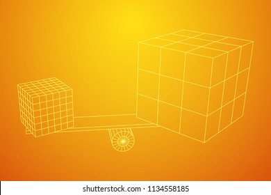 Simple seesaw scales weighing big and small abstract box. Balance, comparison and equality concept. . Wireframe low poly mesh vector illustration