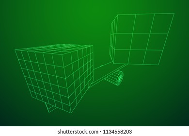 Simple seesaw scales weighing big and small abstract box. Balance, comparison and equality concept. . Wireframe low poly mesh vector illustration