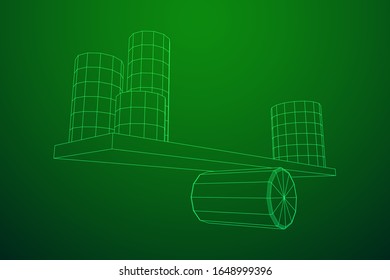 Simple seesaw scales weighing big and small abstract cylinders. Balance, comparison and equality concept. Wireframe low poly mesh vector illustration
