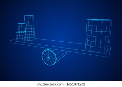 Simple seesaw scales weighing big and small abstract cylinders. Balance, comparison and equality concept. Wireframe low poly mesh vector illustration