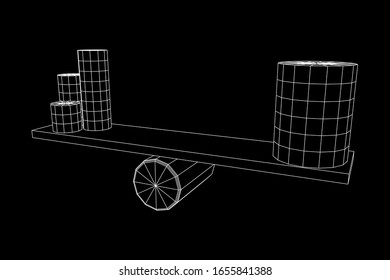 Simple seesaw scales weighing big and small abstract cylinders. Balance, comparison and equality concept. Wireframe low poly mesh vector illustration