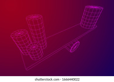 Simple seesaw scales weighing big and small abstract cylinders. Balance, comparison and equality concept. Wireframe low poly mesh vector illustration