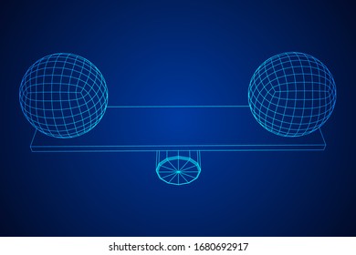 Simple seesaw scales weighing big and small abstract spheres. Balance, comparison and equality concept. Wireframe low poly mesh vector illustration