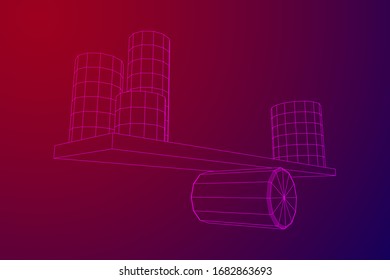 Simple seesaw scales weighing big and small abstract cylinders. Balance, comparison and equality concept. Wireframe low poly mesh vector illustration