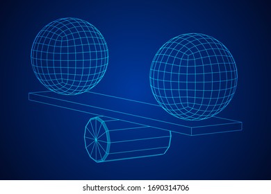 Simple seesaw scales weighing big and small abstract spheres. Balance, comparison and equality concept. Wireframe low poly mesh vector illustration