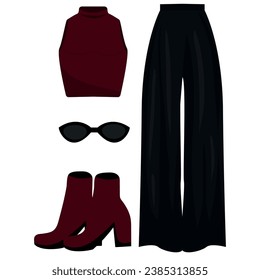 a simple selection of women's clothing consisting of a red T-shirt, black pants, red boots and black sunglasses