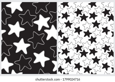 Simple Semless Vector Patterns with Hand Drawn Stars. Irregular Starry Print for Fabric, Textile, Wrapping Paper. Infantile Style Design with White Stars Isolated on a Black Background. 