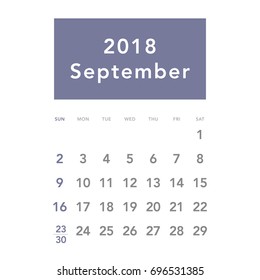 Simple September 2018 calendar. Week starts from Sunday.