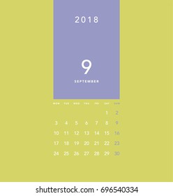 Simple September 2018 calendar. Week starts from Monday.
