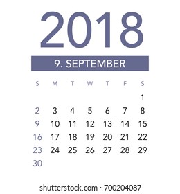 Simple September 2018 calendar. Week starts from Sunday.