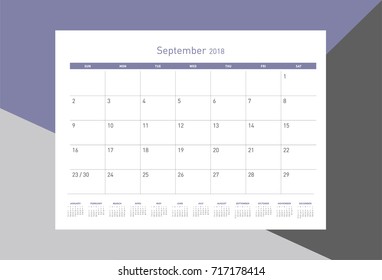 Simple September 2018 calendar. Week starts from Sunday.