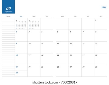 Simple September 2018 calendar. Week starts from Sunday.