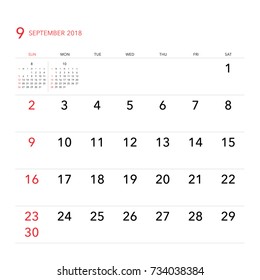 Simple September 2018 calendar. Week starts from Sunday.