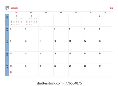 Simple September 2018 calendar. Week starts from Sunday.