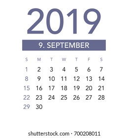 Simple September 2019 calendar. Week starts from Sunday.
