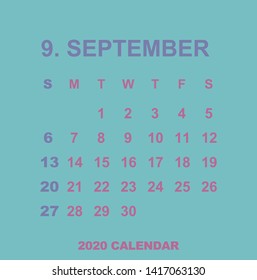Simple September 2020 calendar. Week starts from Sunday.