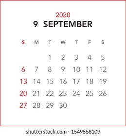 Simple September 2020 calendar. Week starts from Sunday.