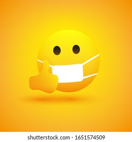 Simple Serious Looking Emoticon Showing Thumbs Up and Wearing Medical Mask - Vector Design on Yellow Background