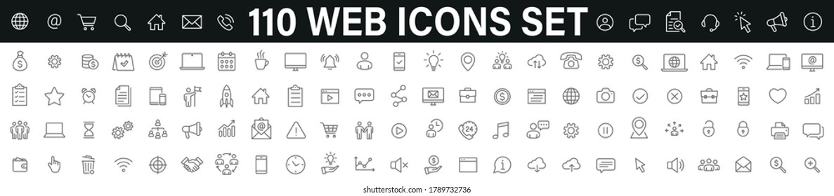 Conjunto simple de 110 iconos de línea delgada. Contiene iconos como marketing, tecnología, interfaz de usuario, administración, mensajes, desarrollo web y más. Pictograma lineal - vector stock.