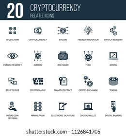 Simple Set of 20 Cryptocurrency Related Icons. Contains such Icons as bitcoin, Cryptocurrency, alt coin and more. concept symbol creative design. Can be used for web UI/UX