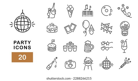 Conjunto simple de 20 iconos de partido. Iconos de línea de vectores. Contiene íconos como , helado, cerveza , parrilla , clapperboard, ballon y más. Diseñar carteles para banner, página web, aplicación móvil.