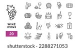 Simple Set of 20 Wine Icons. Vector Line Icons. Contains such Icons as , wine barrel , wineglass, grape leaves and more. Design signs for banner,  web page, mobile app, restaurant.