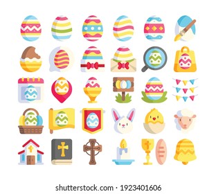 Simple set of 30 easter icons in detailed flat style.