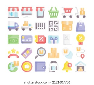 Simple set of 30 e-commerce icons in detailed flat style