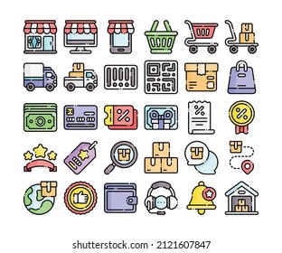 Einfache Zusammenstellung von 30 E-Commerce-Symbolen in detailliertem Rahmenfarbstil