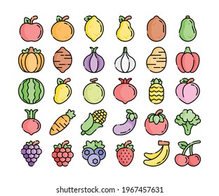 Simple set of 30 fruit and vegetables icons in detailed outline color style.