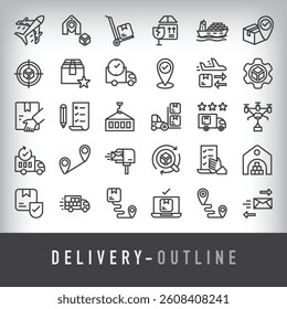 Simple set of 30 linear delivery company icons. Load, destination, transportation and cargo ship design.