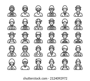 Simple set of 30 Male Occupation Avatar icons in detailed outline style