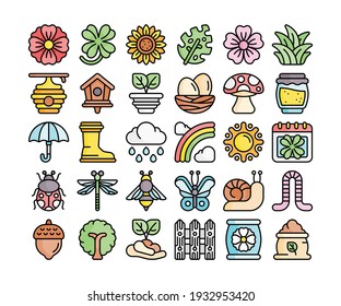 Simple set of 30 spring icons in detailed outline color style.