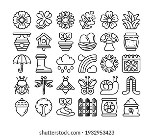 Simple Set Of 30 Spring Icons In Detailed Outline Style.