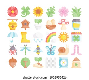 Simple set of 30 spring icons in detailed flat style.