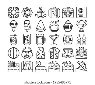 Simple set of 30 summer icons in detailed outline style.