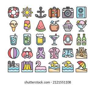 Simple set of 30 summer icons in detailed outline color style.