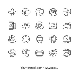 Simple Set of 360 Degree Image and Video Related Vector Line Icons. 
Contains such Icons as 360 Degree View, Panorama, Virtual Reality Helmet, Rotation Arrows and more. 