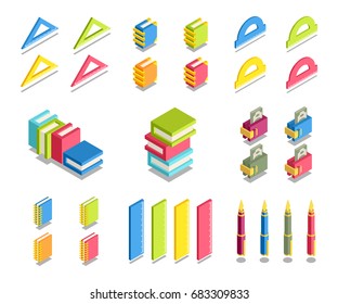 Simple Set of 3D Isometric Icons. Contains such Icons as ruler, book, protractor, wallet, money, pen, notebook.