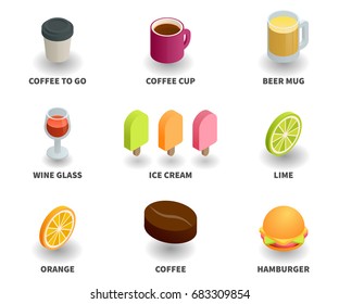 Simple Set of 3D Isometric Icons. Contains such Icons as coffee to go, coffee cup, beer mug, wine glass, ice cream, lime, orange, coffee grain, hamburger.