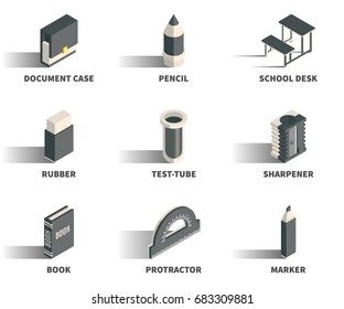 Simple Set of 3D Isometric Icons. Contains such Icons as document case, pencil, school desk, rubber, test-tube, sharpener, book, protractor, marker.